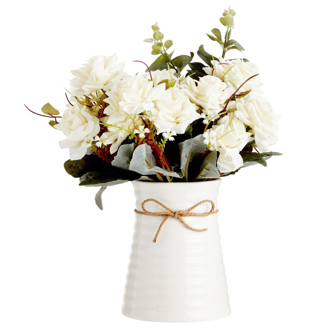 White Roses Flower Vase, Silk Artificial Flowers Arrangement with Ceramic Pot (6.3"D x 6.2"W x 12"H)